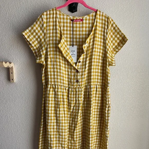Pyne & Smith | Dresses | Nwt Pyne Smith Button Up Linen Dress In Yellow  Gingham 3x | Poshmark